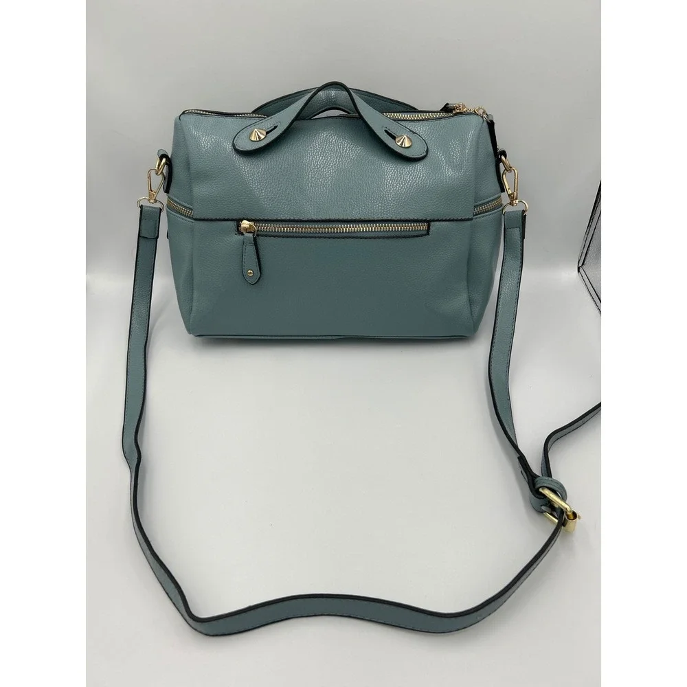Blue Pebbled Faux Leather Satchel Crossbody Bag Gold Hardware‎ Multi Pocket